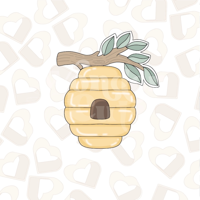 May include: A yellow and brown beehive with a small entrance, hanging from a brown branch with green leaves.