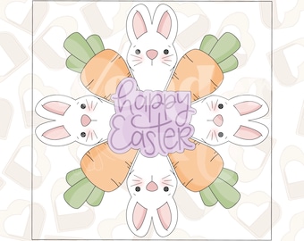 May include: A white background with a square frame. Inside the frame are six white bunnies with pink ears and noses. Each bunny is holding a carrot with green tops. The carrots are arranged in a circle around the text "Happy Easter" in purple letters.