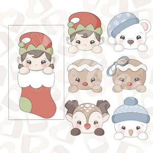 May include: A set of six Christmas cookie cutters featuring a gingerbread person, a reindeer, a snowman, an elf, and two elves peeking out of a stocking.