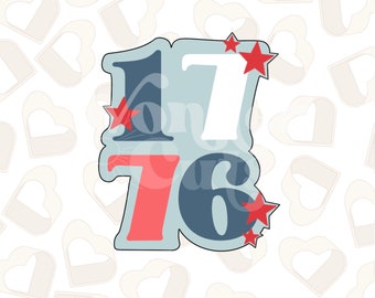 May include: A blue and red cookie cutter shaped like the number 1776 with red stars.