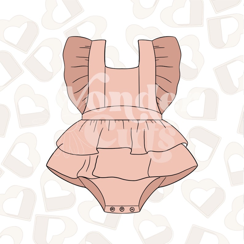 May include: A pink baby onesie with a ruffled skirt and ruffled sleeves. The onesie has a square neckline and snaps at the bottom.