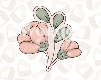 May include: A pink and green floral design cookie cutter. The cutter features three flowers with a stem and leaves.