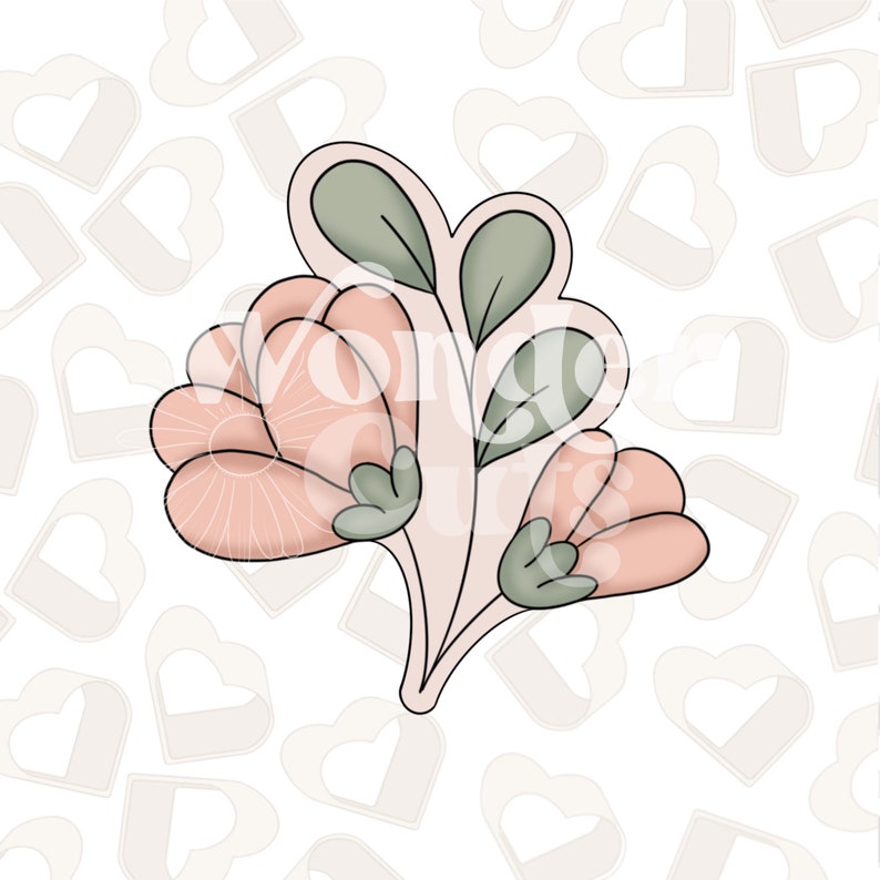 May include: A pink and green floral design cookie cutter. The cutter features three flowers with a stem and leaves.