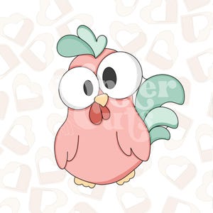 May include: A cartoon-style pink rooster with large, white eyes and a yellow beak. The rooster has light green accents on its comb and wings. The design is set against a background of light pink hearts.