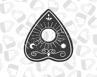 May include: Black and white illustration of a Ouija board planchette, a triangular shape with a circle in the center and symbols around the edge.