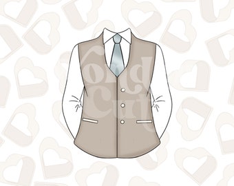 May include: A tan vest with a light blue tie and white shirt. The vest has five buttons and two pockets.