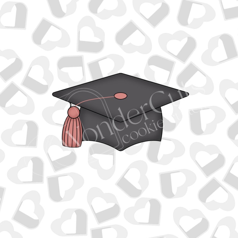 May include: A black graduation cap with a pink tassel on a white background with a pattern of gray hearts.