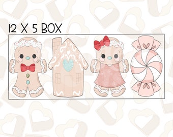 May include: A set of five gingerbread cookie cutters, including a gingerbread person, a gingerbread house, a gingerbread girl, and a candy cane. The cutters are 12 inches by 5 inches.
