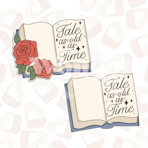 May include: Two open books with blue covers and white pages. One book has a red rose and green leaves on the front cover. Both books have the text "Tale as old as Time" written on the pages.