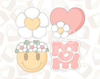 Könnte beinhalten: Vier rosafarbene und weiße Ausstecher in Form einer Blume, eines Herzens, eines Smiley-Gesichts mit einer Blumenkrone und dem Wort "MUTTER".