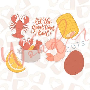 May include: A collection of stickers featuring a red lobster, a yellow corn cob, a pink shrimp, a brown potato, a yellow lemon wedge, a grey cooking pot with seafood, and the text "let the good times boil" in a cursive red font on a white background.