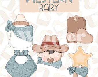 May include: Illustration of baby-themed Western items. Includes a baby bottle, cowboy boot, baby's face with a cowboy hat, bib, and a star-shaped rattle. All items have a light blue paisley pattern and are in soft, neutral colors. The text "WESTERN BABY" is at the top.