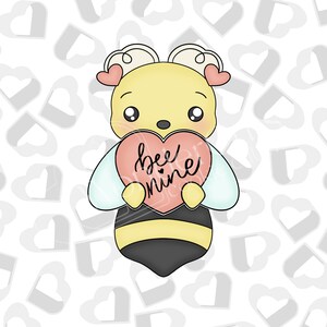 May include: A cartoon bee with a yellow body, black stripes, and light blue wings holds a pink heart that says "bee mine".