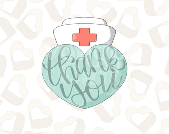 May include: A white nurse's cap with a red cross sits above a light blue heart. The heart features the words "thank you" in a cursive font. The background is white with a pattern of light gray hearts.