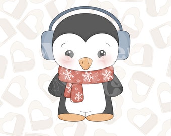 May include: A cartoon penguin wearing a red scarf with white snowflakes and blue earmuffs against a white background with a pattern of gray hearts.