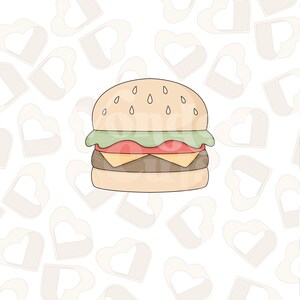 May include: A cartoon illustration of a hamburger with a sesame seed bun, lettuce, tomato, cheese, and a beef patty. The hamburger is on a white background with a pattern of hearts.
