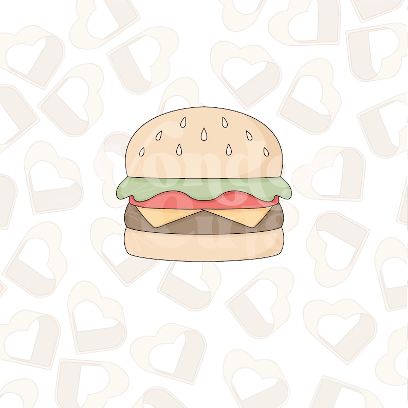 May include: A cartoon illustration of a hamburger with a sesame seed bun, lettuce, tomato, cheese, and a beef patty. The hamburger is on a white background with a pattern of hearts.