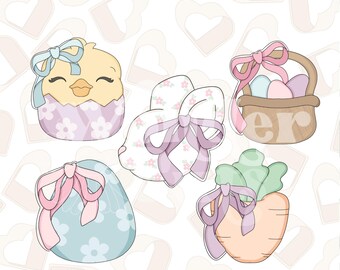 May include: Five Easter-themed cookie cutters: a chick in an egg, a bunny with a bow, a basket of eggs, an egg with a bow, and a carrot with a bow. All cutters are white with pastel pink, blue, and purple accents.