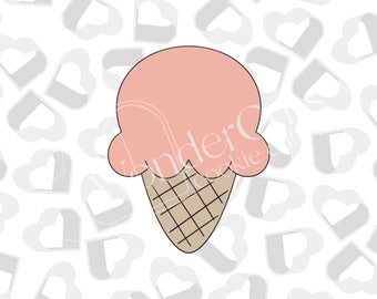 May include: A pink ice cream cone with a waffle cone. The ice cream is in the shape of a scoop with a swirl on top. The cone is brown with a grid pattern.
