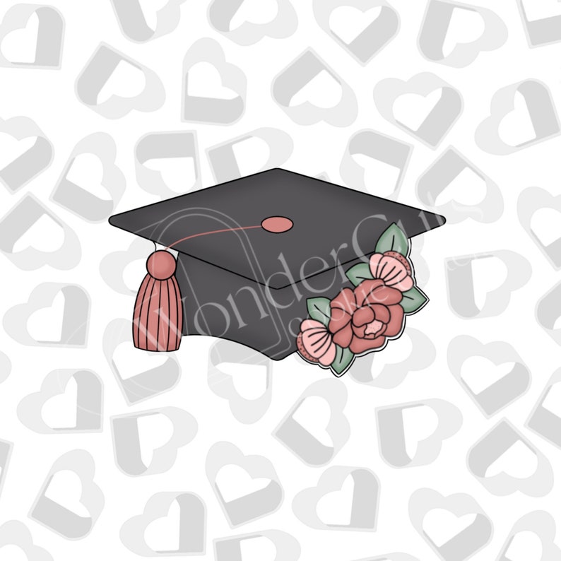 May include: A black graduation cap with a red tassel and a floral embellishment. The flowers are pink, red, and green.