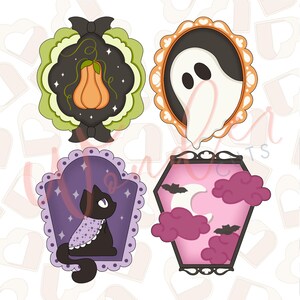 May include: Four Halloween-themed cookie cutters. Designs include a pumpkin in a decorative frame, a ghost in an ornate frame, a black cat in a purple frame, and a coffin with a moon and clouds.