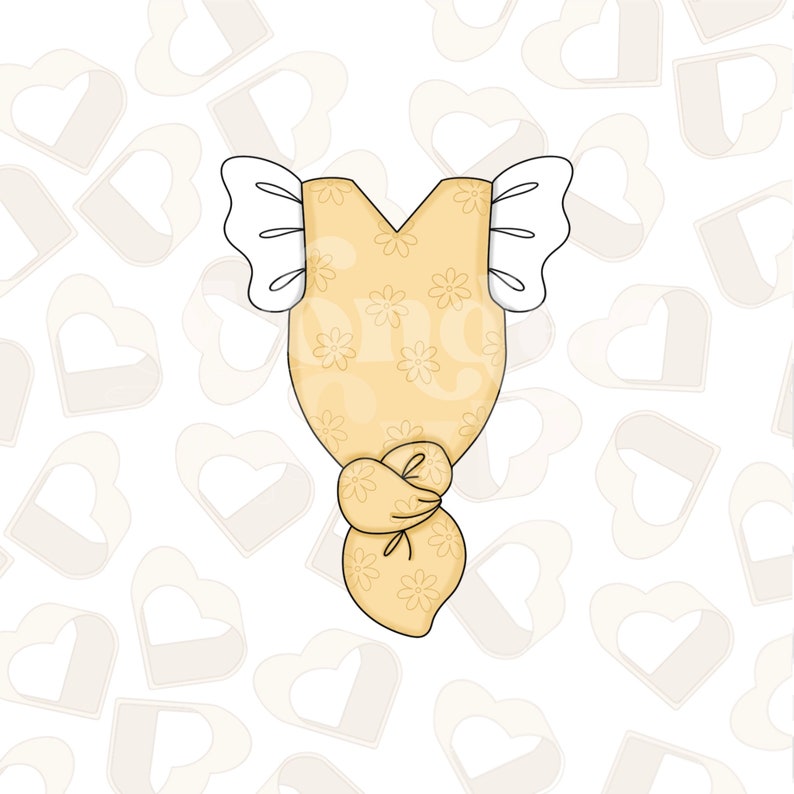 May include: A yellow baby onesie with a floral pattern and white ruffles on the shoulders. The onesie is tied in a knot at the bottom.