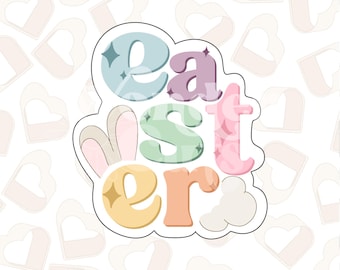 May include: A pastel-colored Easter greeting with bunny ears and the word "Easter" in a retro font.