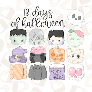 Könnte beinhalten: Ein Set mit 13 Halloween-förmigen Ausstechern mit verschiedenen Figuren und Objekten, darunter ein Geist, ein Hexenhut, ein Kessel, ein Kürbis, eine Mumie, ein Zuckerrohr, eine Fledermaus, eine Süßigkeitentüte und ein Schädel. Der Text "13 days of halloween" steht oben im Bild.