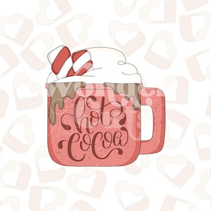 May include: A red mug with white whipped cream and candy canes on top. The mug has a brown chocolate drizzle and the text "Hot Cocoa" written on it.