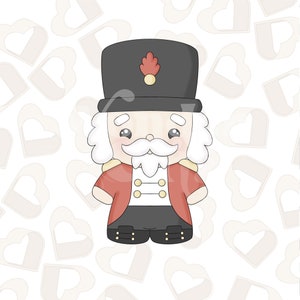 May include: A cartoon nutcracker with a black hat, white beard, and red jacket. He is wearing black pants and black shoes with gold buckles. The background is a white pattern of hearts.