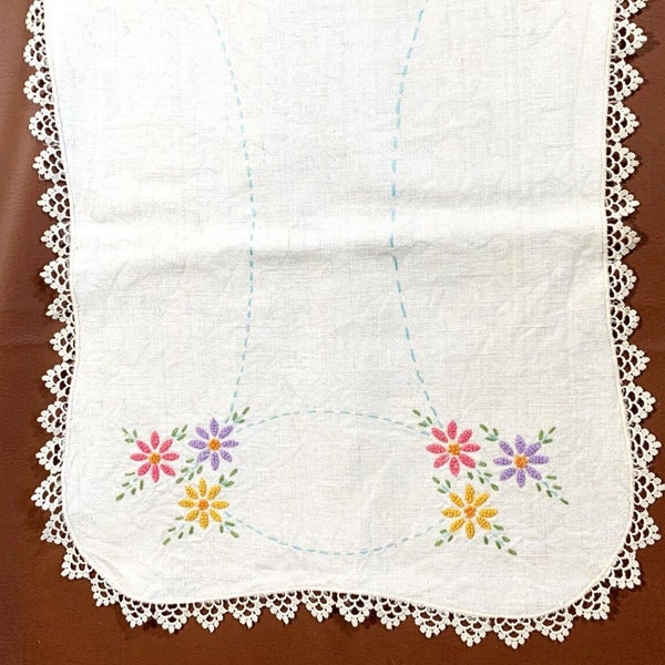 Vintage Beige Linen Hand Embroidered Table Runner/Dresser Scarf Crochet Lace 42"