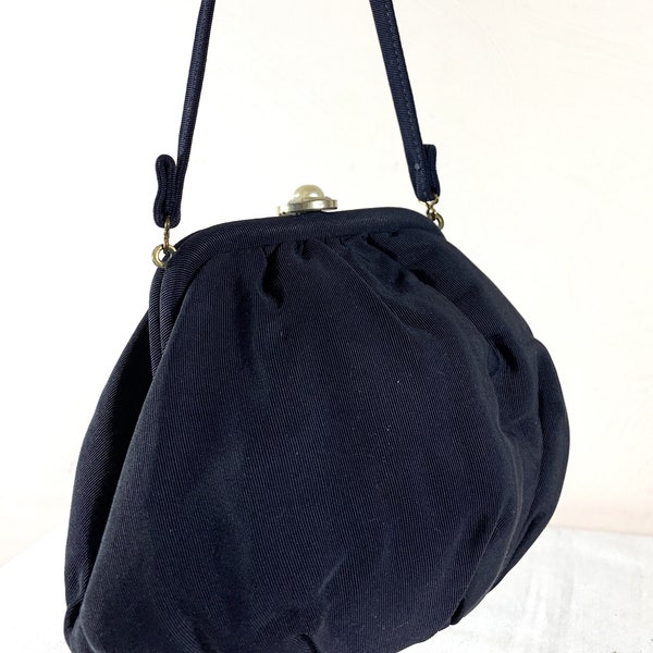 Vintage 1940's Navy Blue Dark Blue Wrist Purse Pearl Lock Small Round Organdy Purse Flapper Purse Coctail Purse