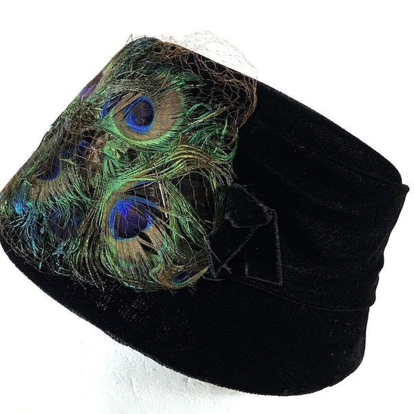 Vintage Black 50's Ladies Hat with Peacock Plumage on the Front Average Size Head