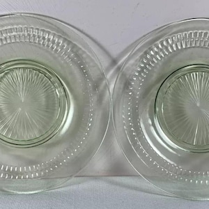 Vintage Set of 2 Uranium Green Glass Plates Glow under Black Light 8.5&quot; Depression Glass Glowing Plates