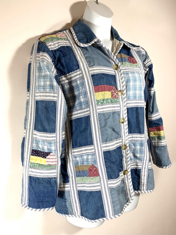 Vintage Size Medium Denim Patchwork Button Front … - image 4