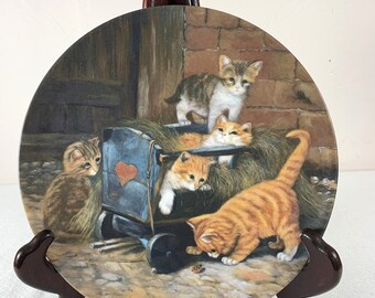 Vintage 1991 Kittens Playing with Lady Bug Collector Plate 8" Decorator Plate with Kittens in a Wagon Wall Decorator