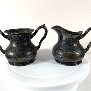 Vintage ROCKFORD Silver Co. Quadruple Silver Plate Creamer and Sugar Bowl, Etched on Front and Back Lots of Patina
