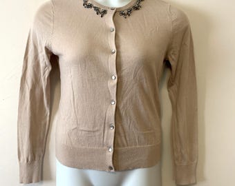 Vintage Size M Light Weight Cardigan with JEWELED Trim Around the Neck BLUSH Colored Cardigan