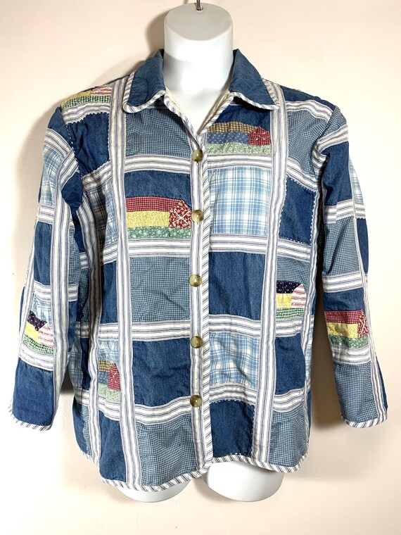 Vintage Size Medium Denim Patchwork Button Front … - image 2