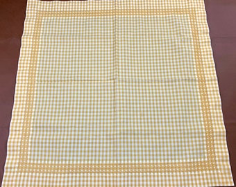 Vintage Small Gold & White Check TABLECLOTH Hand Embroidered All Around the Edges 30" x 30"