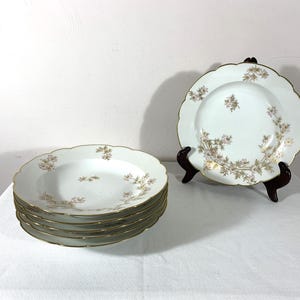 May include: A stack of six white porcelain plates with a gold rim and floral design. One plate is displayed on a wooden stand. The plates have a scalloped edge and are suitable for serving food.