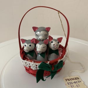 Vintage Wooden Mother Cat Three Kittens in Wicker Basket Christmas Tree Ornament