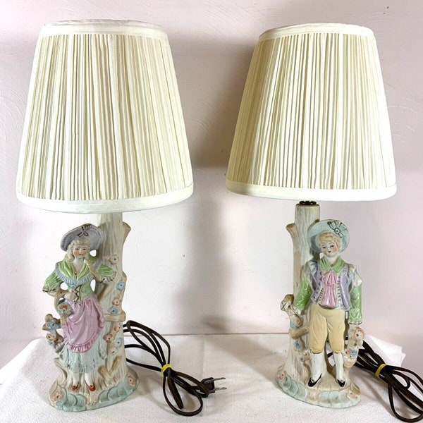 Vintage ROMANTIC Pair Lamps Hand Painted OCCUPIED JAPAN Cottage Bedroom Lamp Man and Lady Romantic Lamps Pastel Colors