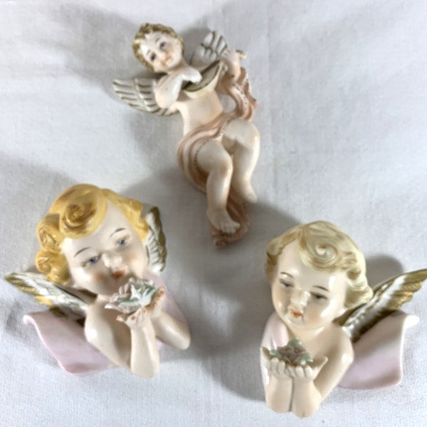 Vintage 1960 TILSO Set of 3 Wall Hanging CHERUBS Ceramic Shabby Chic Wall Decor No Broken Fingers or Flowers Made in Japan