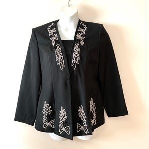Vintage JOVANI Black Beaded Blazer Top Size 12 Tunic Length EVENING Wear, Black and White Beads, Made in Hong Kong