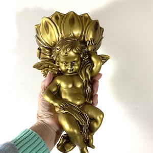 Vintage DICKSON Molded Cherub WALL POCKET, Shabby Chic Decor Made in Japan, 12 Inch Tall Cherub Gold Wall Pocket