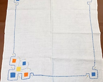 Vintage Small Size Embroidered & Appliqued TABLECLOTH Linen 30" x 32" Small Table Decorator Table Cloth