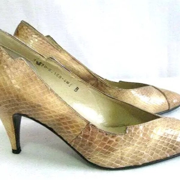 Vtg 1960's Women's 5 B Beige/Brown REAL REPTILE High Heel Pumps JASMIN Reptile Retro Shoes