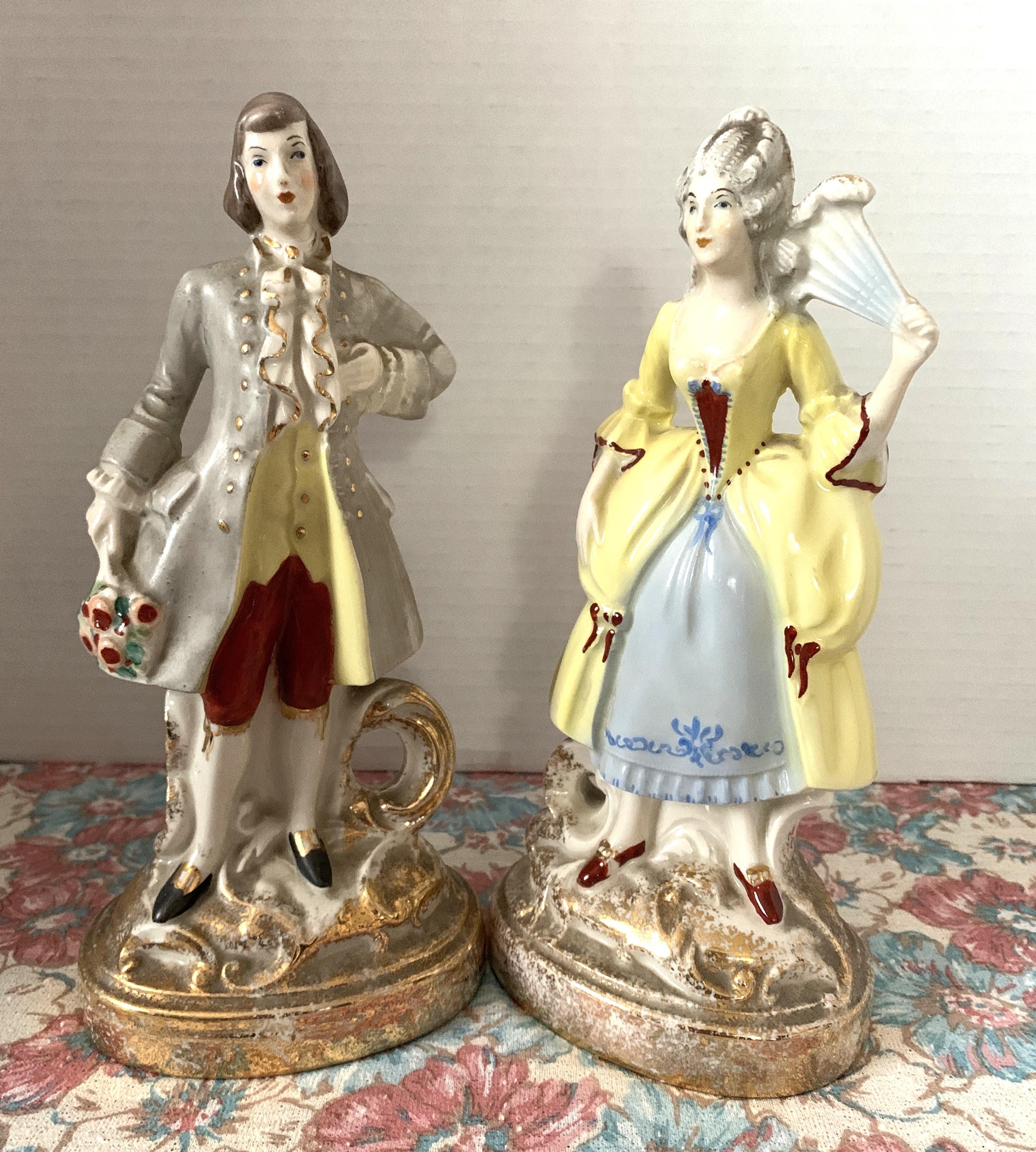 Eton, Vintage ETON China Hand Painted Victorian Couple Mantel Pieces Gold Trim 9.5" Tall