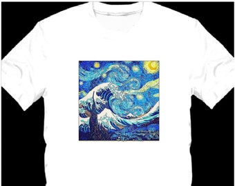 Hokusai Wave Meets Van Gogh Starry Night Art T-Shirt